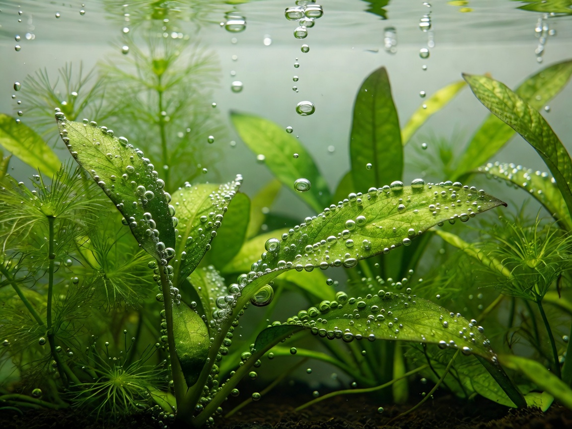 Close-up of oxygen bubbles forming on aquatic plant leaves in a cycled freshwater tank