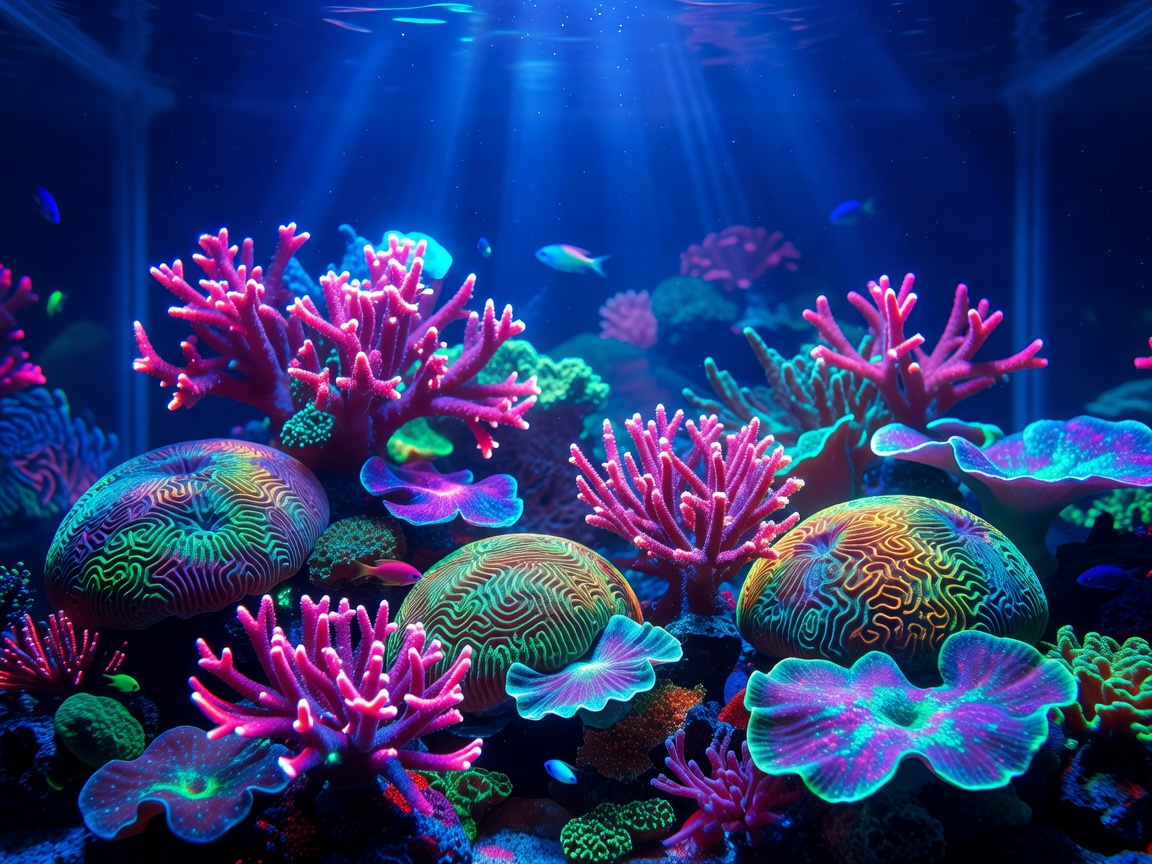 Actinic blue lighting illuminating fluorescent coral structures